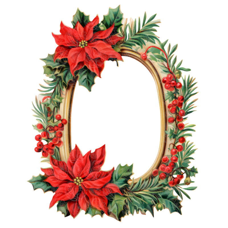 Christmas frame surrounded by red poinsettias, holly berries, and pine greenery, Grey Barn Handwerk, Saskatchewan.